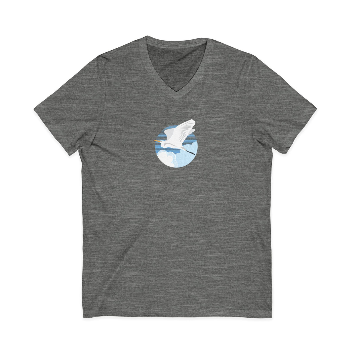 Great egret in flight against a blue circle on a V-neck t-shirt in deep heather grey, front view – Kate Spain design