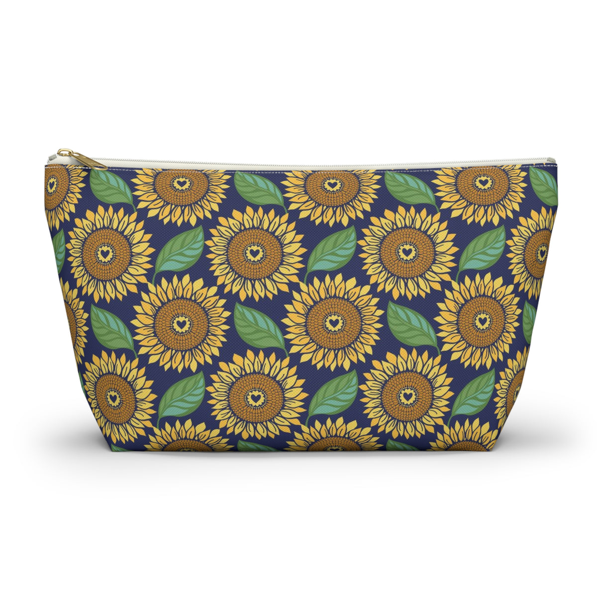 Zip pouch with golden sunflowers and green leaves on navy, white zipper, front view – Kate Spain design