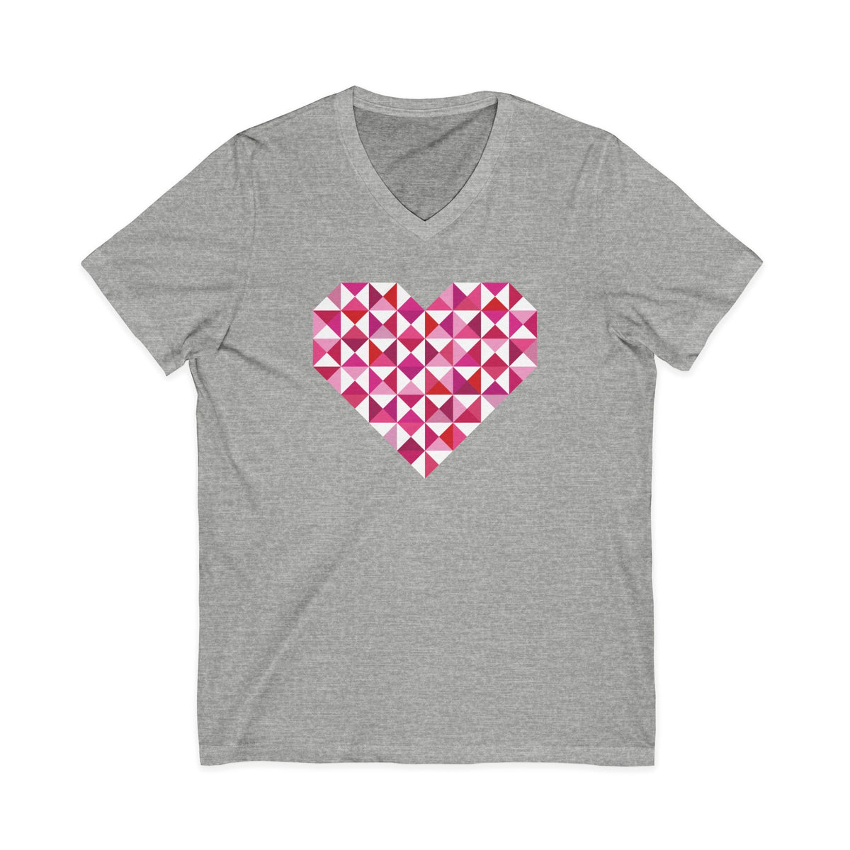 Big Patchwork Love heart pieced from pink half-square triangles on a V-neck t-shirt in athletic heather grey, front view – Kate Spain design for Pat Sloan
