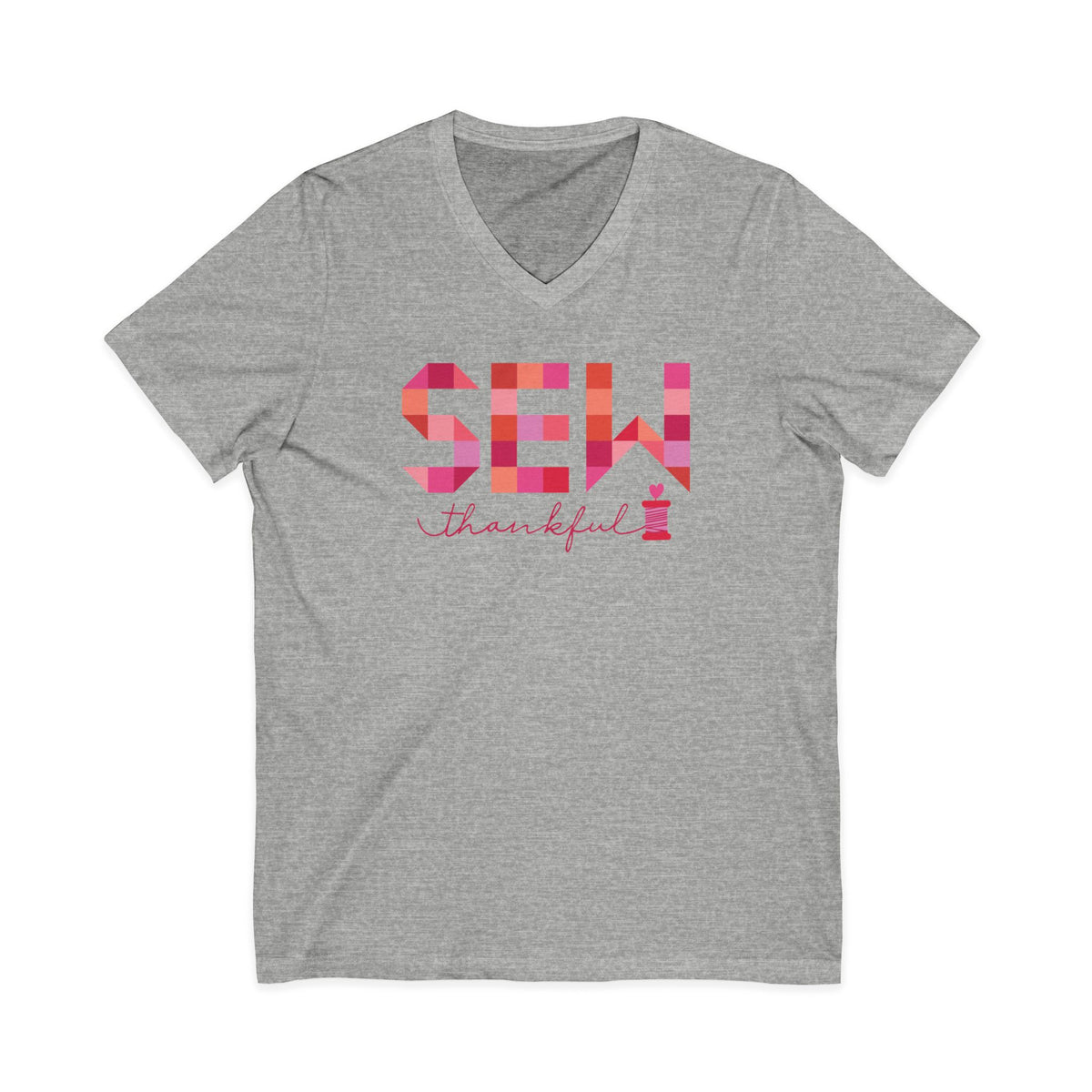 Sew Thankful patchwork lettering with a heart-topped thread spool on a V-neck t-shirt in athletic heather grey, front view – Kate Spain design for Pat Sloan