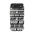 Law of the Paw® Woof Woof phone case with black-and-white WOOF, ARF and BOW WOW lettering for iPhone 17 Air, glossy finish, back view – Kate Spain design