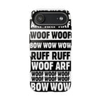 Law of the Paw® Woof Woof phone case with black-and-white WOOF, ARF and BOW WOW lettering for iPhone 17 Air, glossy finish, back view – Kate Spain design