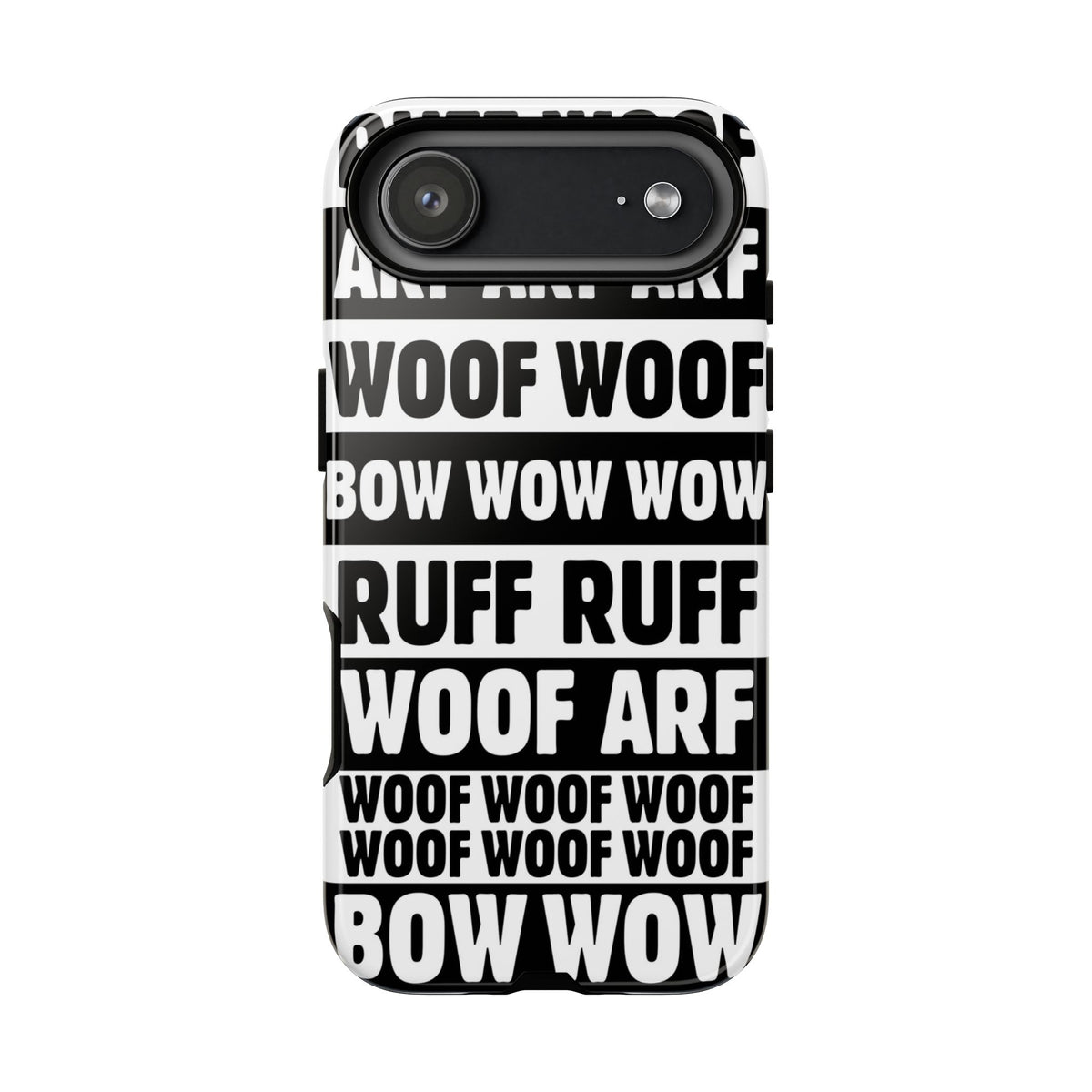Law of the Paw® Woof Woof phone case with black-and-white WOOF, ARF and BOW WOW lettering for iPhone 17 Air, glossy finish, back view – Kate Spain design