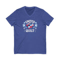 Quilters United quilt badge in red, white and blue on a V-neck t-shirt in heather true royal, front view – Kate Spain design for Pat Sloan