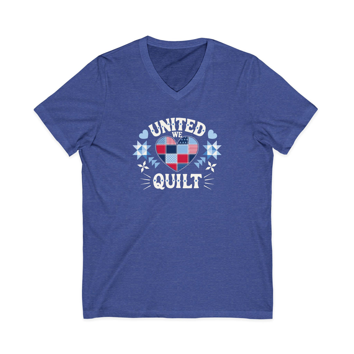 Quilters United quilt badge in red, white and blue on a V-neck t-shirt in heather true royal, front view – Kate Spain design for Pat Sloan
