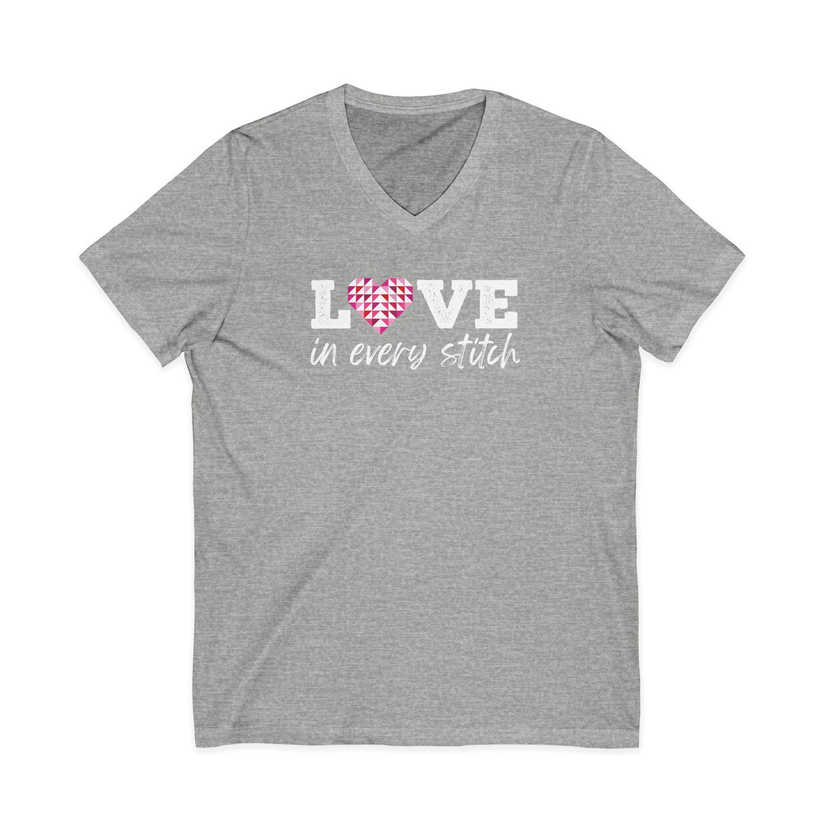 Love in Every Stitch distressed lettering on a V-neck t-shirt in athletic heather grey, front view – Kate Spain design for Pat Sloan