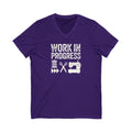 Work in Progress Mod distressed lettering with thread, scissors and sewing machine on a V-neck t-shirt in purple, front view – Kate Spain design for Pat Sloan