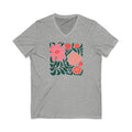 Botanica modern floral design with pink and coral blooms on a V-neck t-shirt in athletic heather grey, front view – Kate Spain design