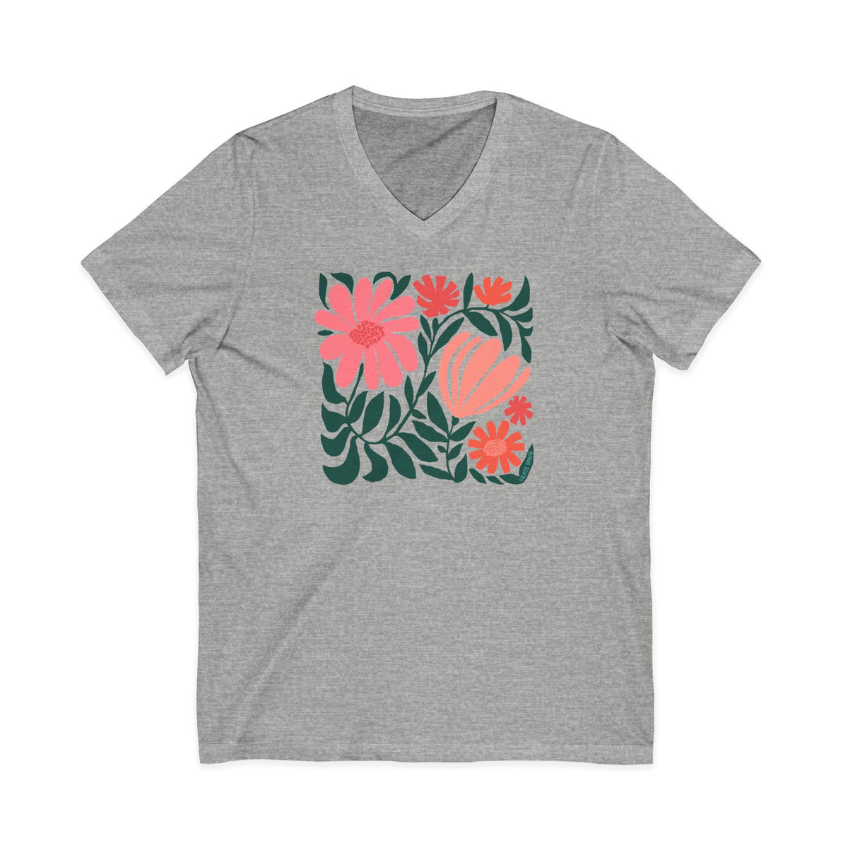 Botanica modern floral design with pink and coral blooms on a V-neck t-shirt in athletic heather grey, front view – Kate Spain design