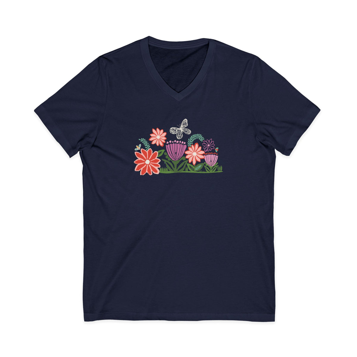 Bloom woodblock-style flowers with a butterfly, ladybug and bee on a V-neck t-shirt in navy, front view – Kate Spain design