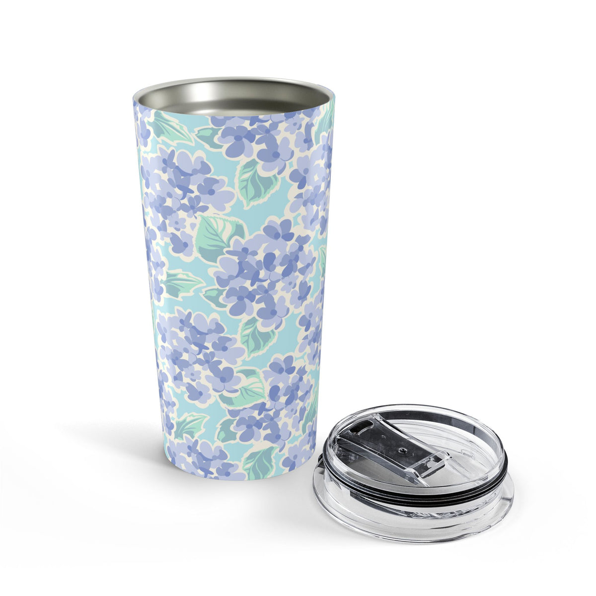 Nantucket Hydrangea 20 oz insulated stainless steel tumbler, periwinkle and lavender hydrangeas with mint leaves on pale aqua, shown with the lid off – Kate Spain design