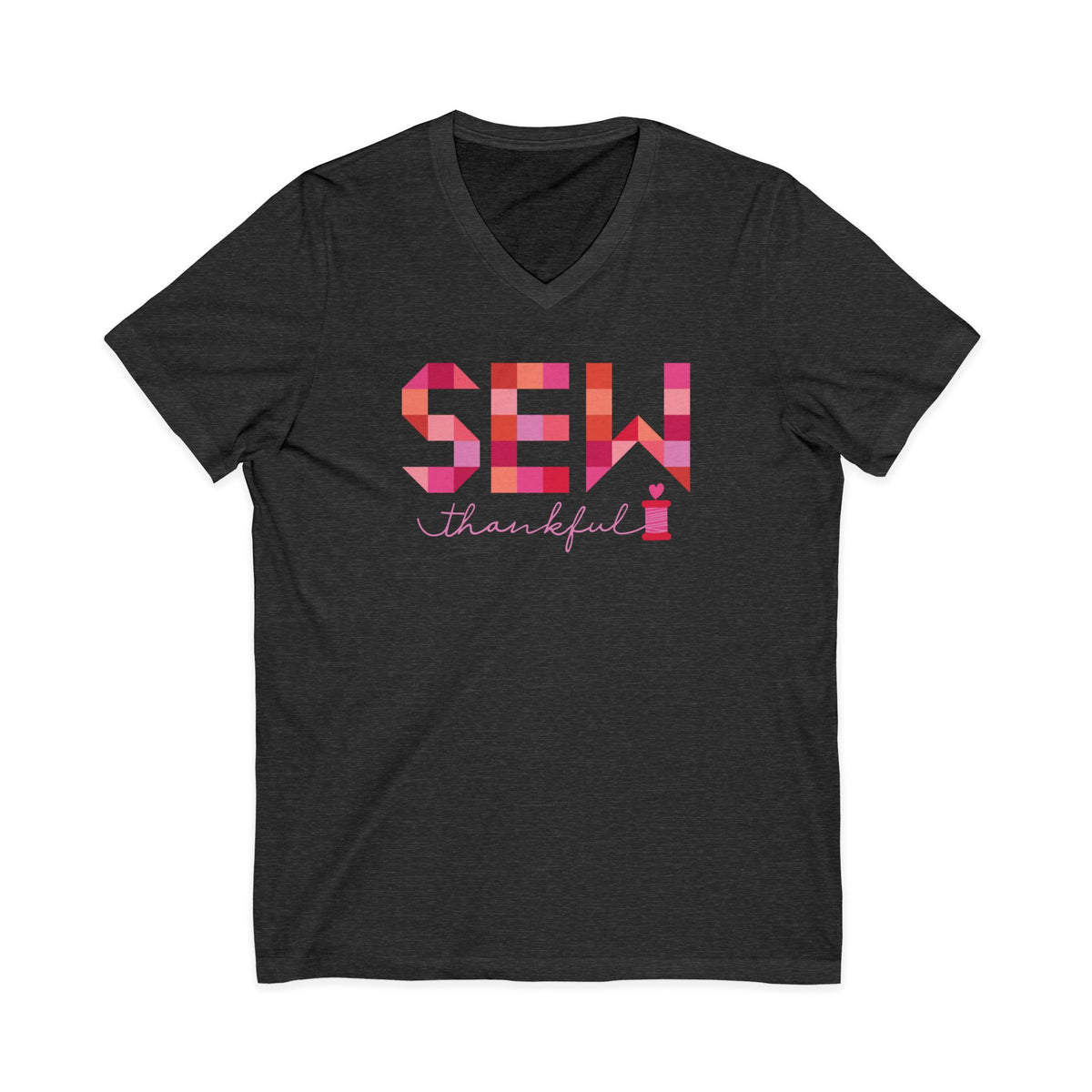 Sew Thankful patchwork lettering with a heart-topped thread spool on a V-neck t-shirt in dark grey heather, front view – Kate Spain design for Pat Sloan