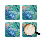 Oceana Crab cork-backed coaster set of four, blue crab among seaweed, coral and tropical fish on teal, four coasters with a latte mug – Kate Spain design