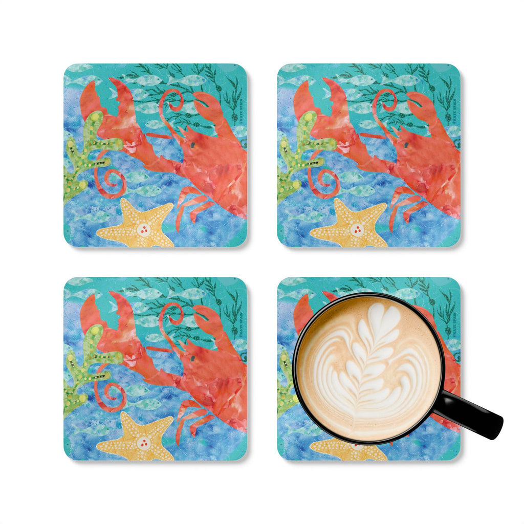 Oceana Lobster cork-backed coaster set of four, red lobster, starfish and sea grass on watercolor blue ocean, four coasters with a latte mug – Kate Spain design