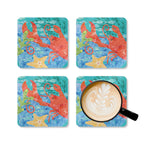 Oceana Lobster cork-backed coaster set of four, red lobster, starfish and sea grass on watercolor blue ocean, four coasters with a latte mug – Kate Spain design