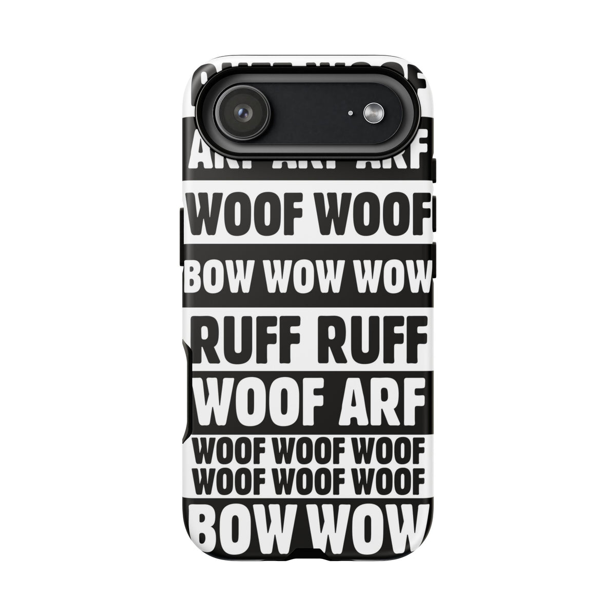 Law of the Paw® Woof Woof phone case with black-and-white WOOF, ARF and BOW WOW lettering for iPhone 17 Air, matte finish, back view – Kate Spain design
