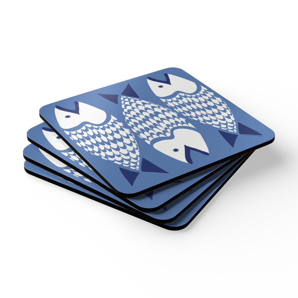 Catch of the Day cork-backed coaster set of four, white and navy stylized fish on periwinkle blue, stacked set, angled view – Kate Spain design