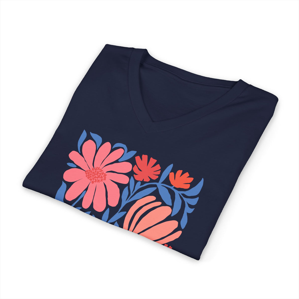 Botanica modern floral design with pink and coral blooms on a V-neck t-shirt in navy, folded close-up of the design – Kate Spain design