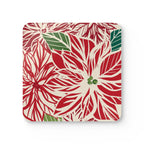 Poinsettia cork-backed coaster, oversized red and cream poinsettia with forest green leaves, single coaster, top view – Kate Spain design
