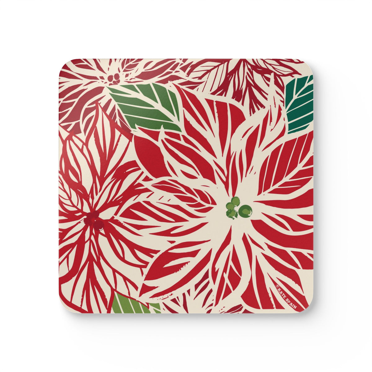 Poinsettia cork-backed coaster, oversized red and cream poinsettia with forest green leaves, single coaster, top view – Kate Spain design