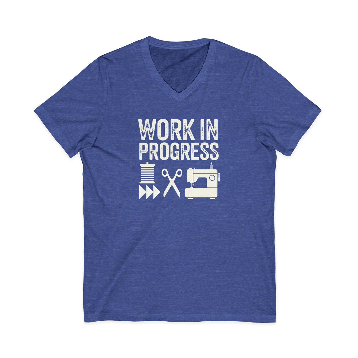 Work in Progress Mod distressed lettering with thread, scissors and sewing machine on a V-neck t-shirt in heather true royal, front view – Kate Spain design for Pat Sloan