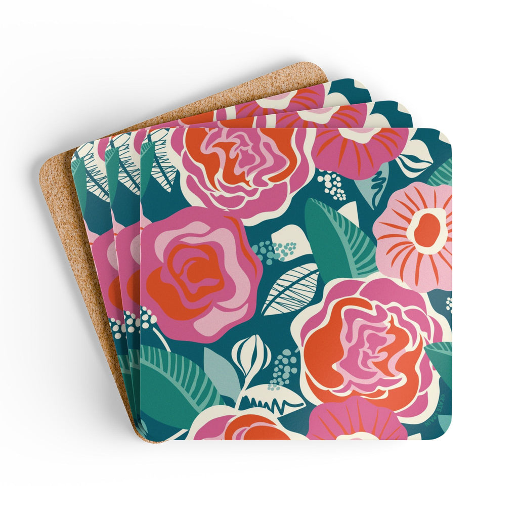 Tea Rose cork-backed coaster set of four, magenta, pink and orange-red roses on deep teal, coasters fanned out – Kate Spain design