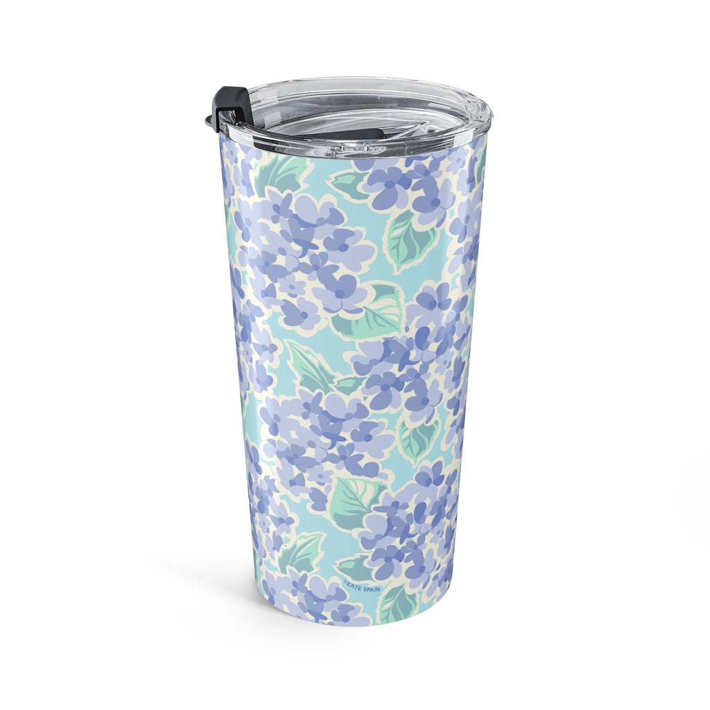 Nantucket Hydrangea 20 oz insulated stainless steel tumbler, periwinkle and lavender hydrangeas with mint leaves on pale aqua, opposite side view – Kate Spain design