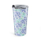 Nantucket Hydrangea 20 oz insulated stainless steel tumbler, periwinkle and lavender hydrangeas with mint leaves on pale aqua, opposite side view – Kate Spain design