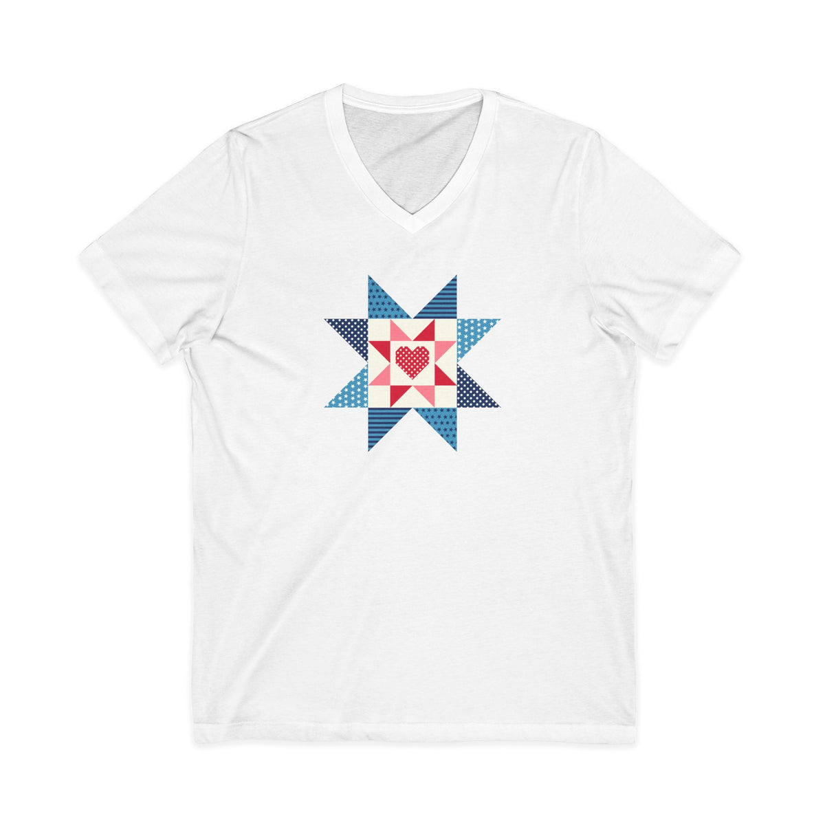 Liberty Love star quilt block with a heart in red, white and blue on a V-neck t-shirt in white, front view – Kate Spain design for Pat Sloan