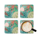 Oceana Shells cork-backed coaster set of four, scallop and cone shells with red coral and seaweed on aqua, four coasters with a latte mug – Kate Spain design