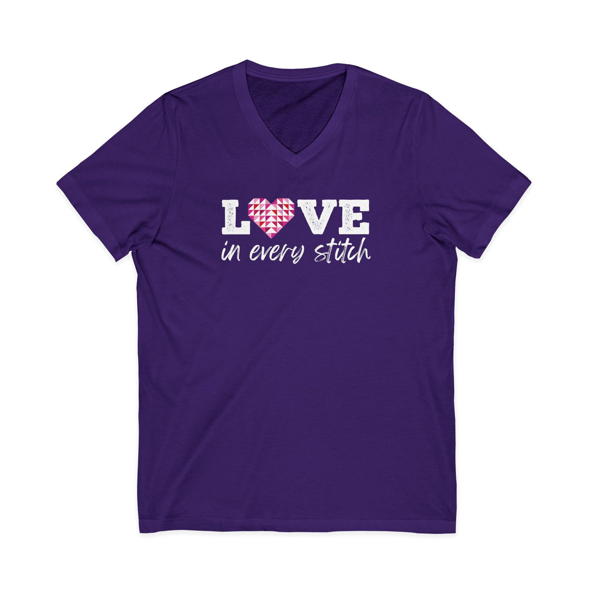 Love in Every Stitch distressed lettering on a V-neck t-shirt in purple, front view – Kate Spain design for Pat Sloan