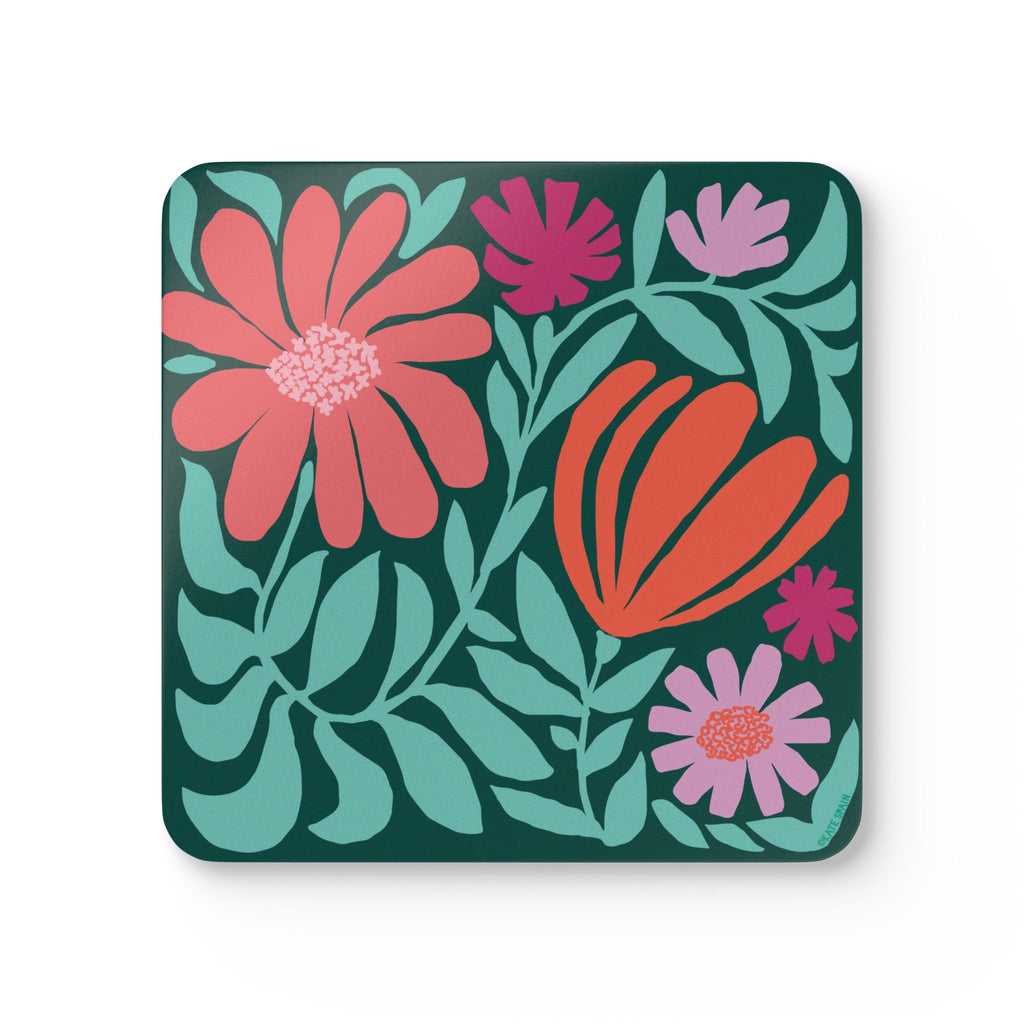 Botanica floral cork-backed coaster with coral, orange, magenta and lavender blooms on deep forest green, single coaster, top view – Kate Spain design