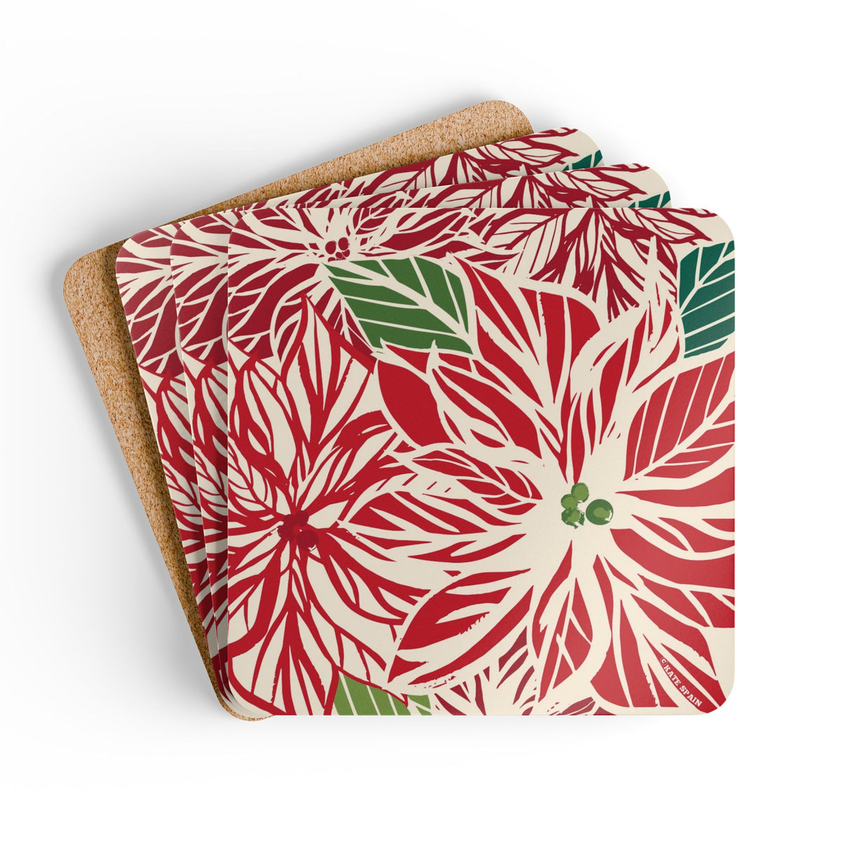 Poinsettia cork-backed coaster set of four, oversized red and cream poinsettia with forest green leaves, coasters fanned out – Kate Spain design