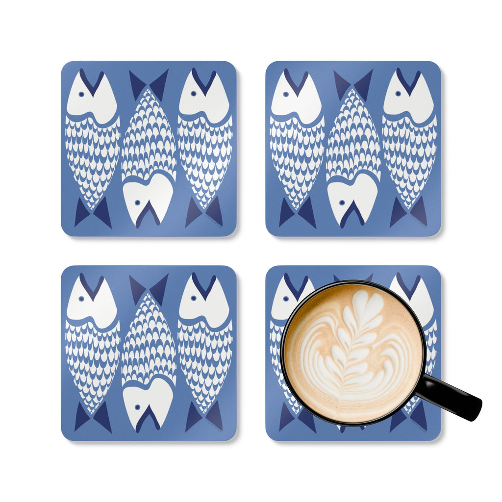 Catch of the Day cork-backed coaster set of four, white and navy stylized fish on periwinkle blue, four coasters with a latte mug – Kate Spain design