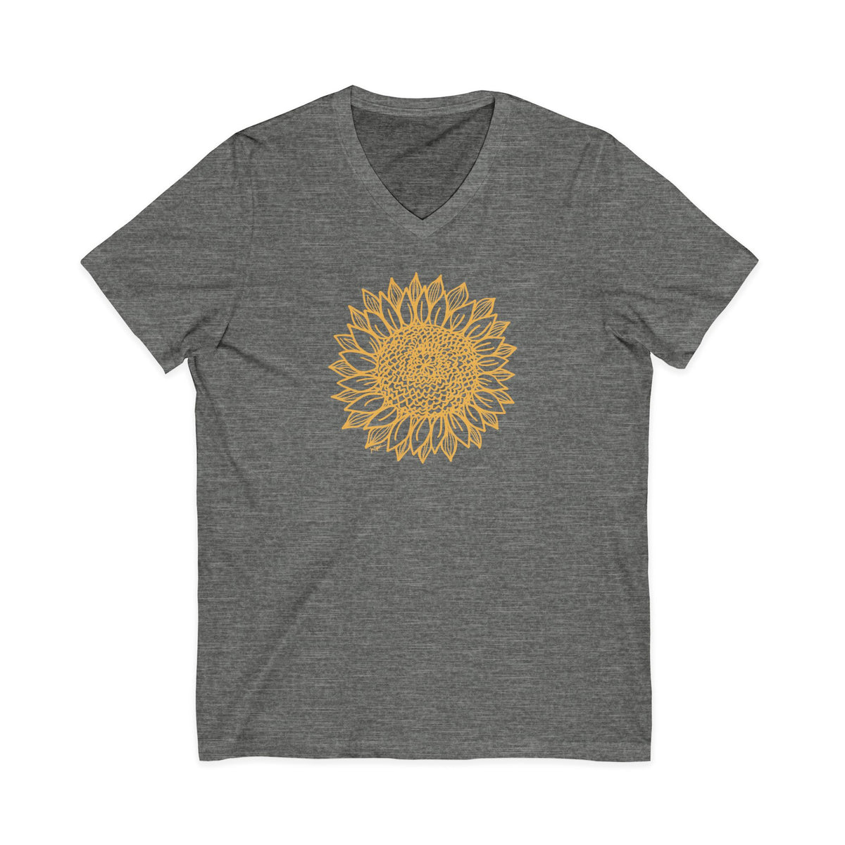 Gold botanical line-art sunflower on a V-neck t-shirt in deep heather grey, front view – Sunflower by Kate Spain