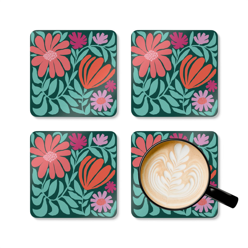 Botanica floral cork-backed coaster set of four with coral, orange, magenta and lavender blooms on deep forest green, four coasters with a latte mug – Kate Spain design