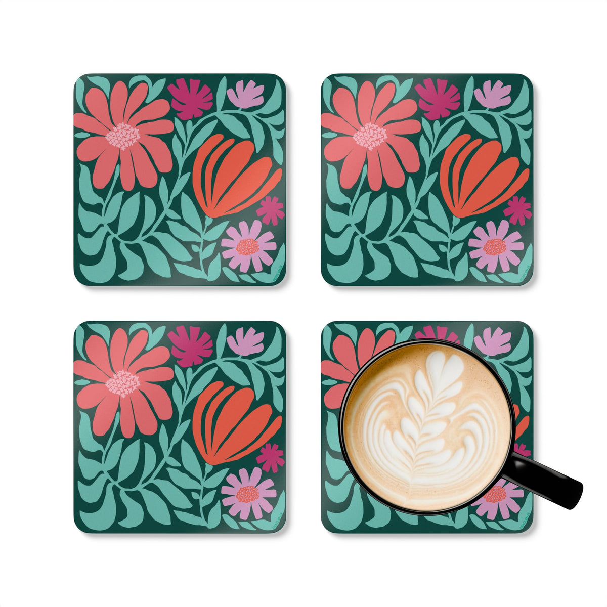 Botanica floral cork-backed coaster set of four with coral, orange, magenta and lavender blooms on deep forest green, four coasters with a latte mug – Kate Spain design
