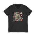 Sew Merry + Bright lettering with quilt-block stars, holly and a thread spool on a V-neck t-shirt in dark grey heather, front view – Kate Spain design for Pat Sloan