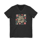 Sew Merry + Bright lettering with quilt-block stars, holly and a thread spool on a V-neck t-shirt in dark grey heather, front view – Kate Spain design for Pat Sloan