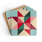 Barn Star cork-backed coaster set of four, quilt-block barn star in red, berry, pink, teal and forest green on cream, coasters fanned out – Kate Spain design