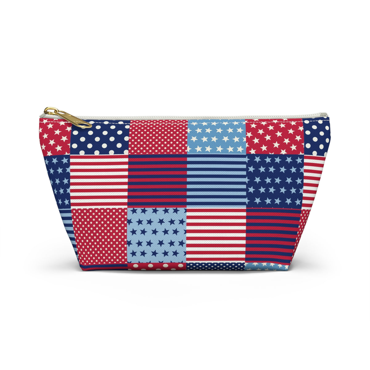 United We Quilt zip pouch in red, white and blue patchwork, back view – Kate Spain design for Pat Sloan