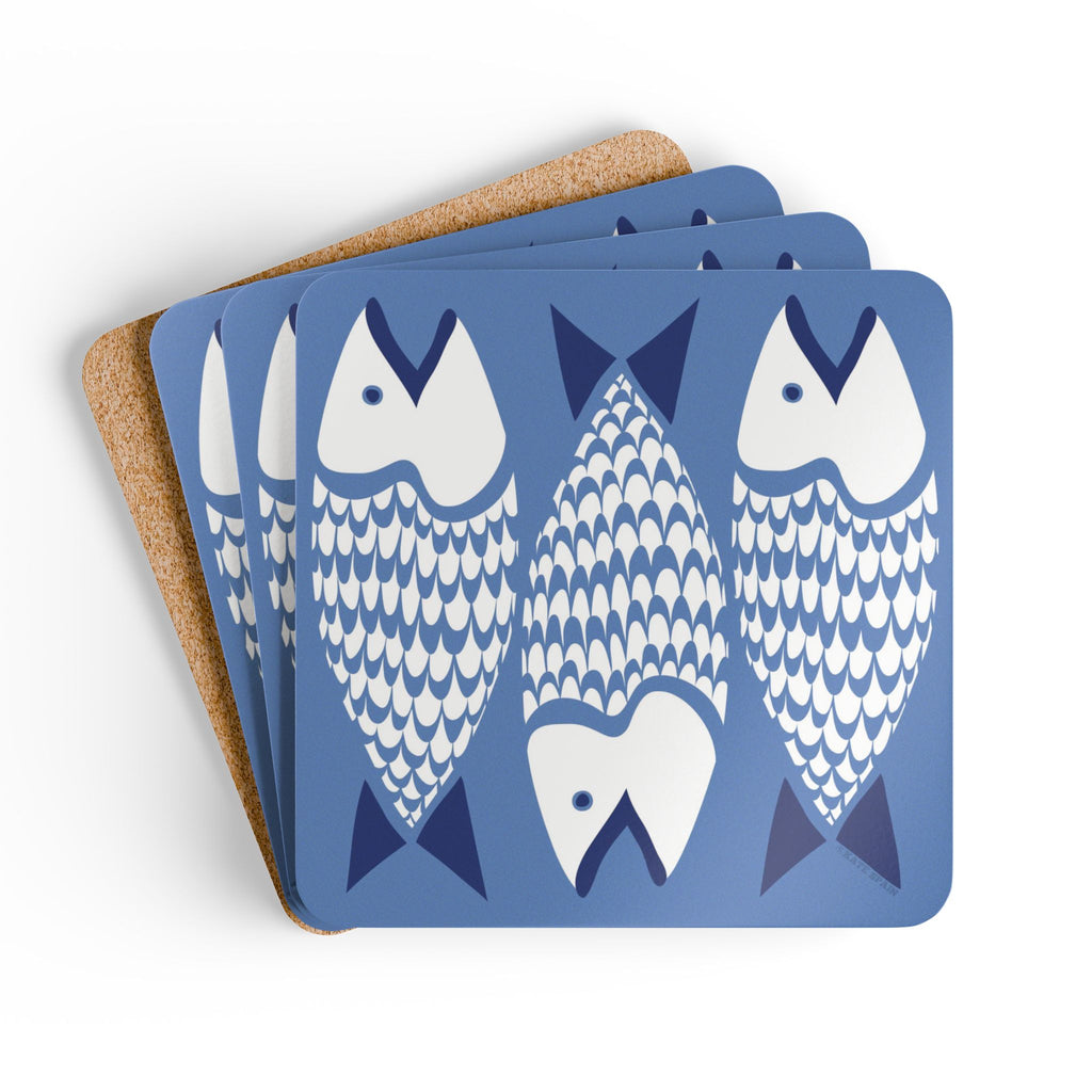 Catch of the Day cork-backed coaster set of four, white and navy stylized fish on periwinkle blue, coasters fanned out – Kate Spain design