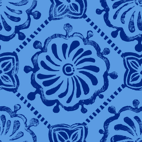 A repeating blue and navy floral pattern with ornate medallion motifs and dotted diamond lines on a solid blue background.