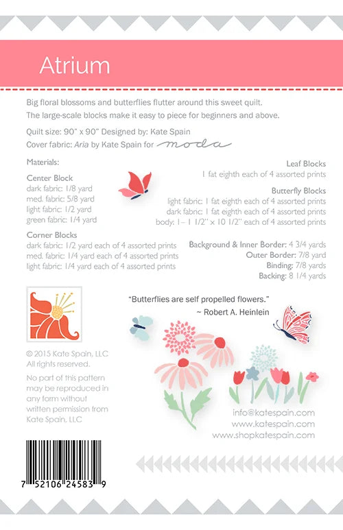 Atrium quilt pattern - back cover with pattern details