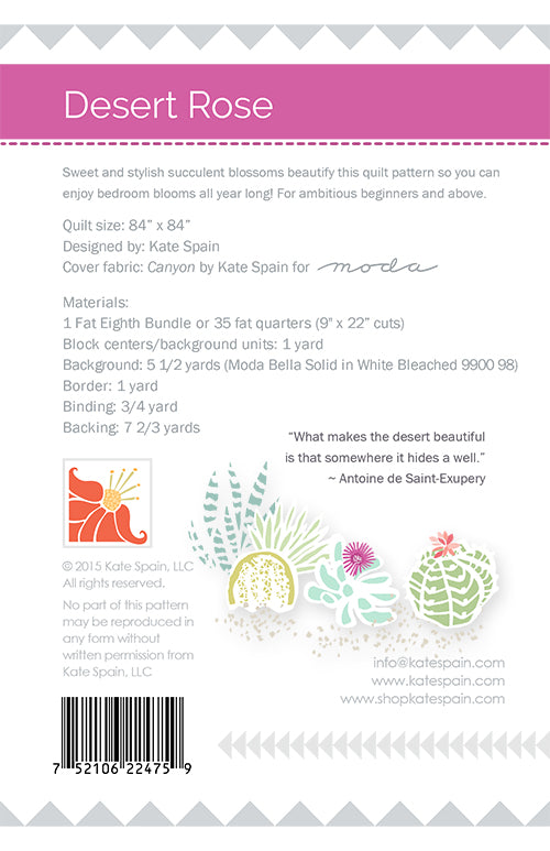Desert Rose quilt pattern - back cover with pattern details