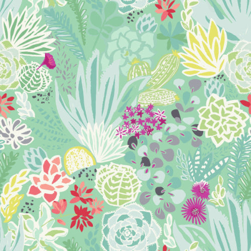 A repeating botanical pattern featuring illustrated succulents, leaves, and flowers in pastel mint green, pale green, white, pink, red, yellow, and purple tones.