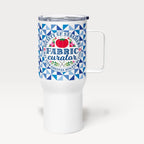 25 oz travel mug with handle and lid, Fabric Curator badge on a navy tile pattern – Kate Spain design for Pat Sloan
