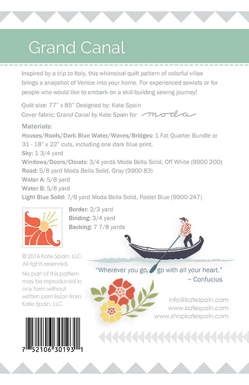 Grand Canal quilt pattern - back cover with pattern details