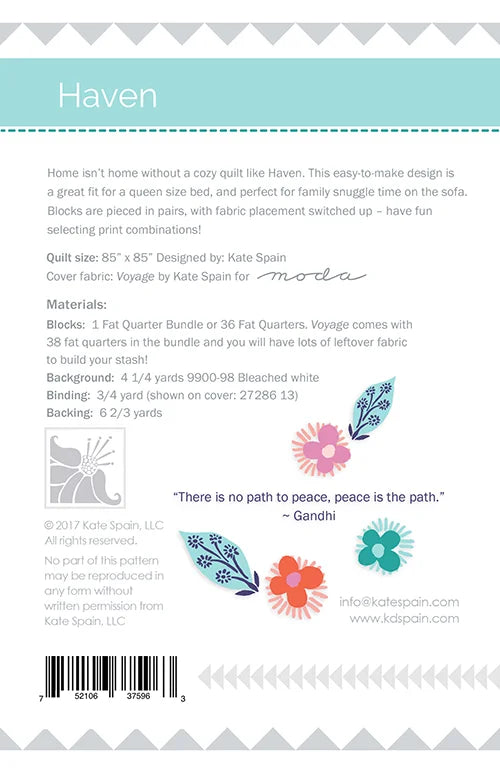 Haven quilt pattern - back cover with pattern details