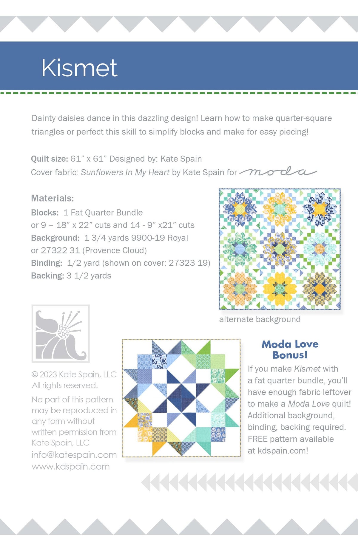 Kismet quilt pattern - back cover with pattern details
